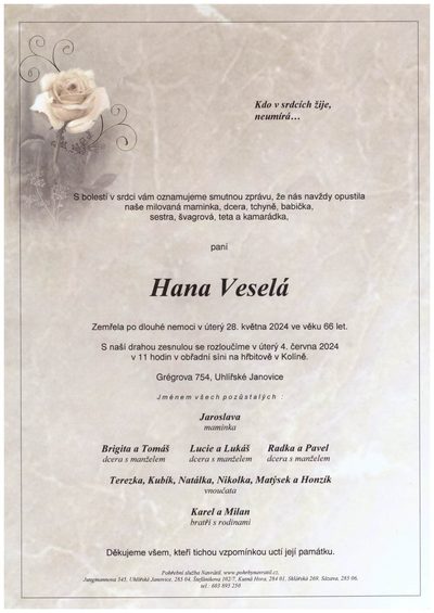 Smuteční oznámení – Hana Veselá