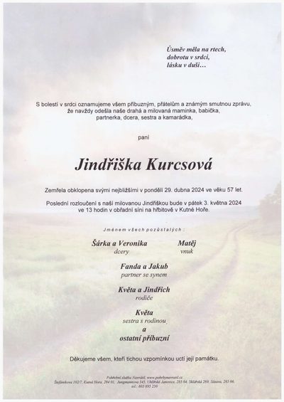 Smuteční oznámení – Jindřiška Kurcsová