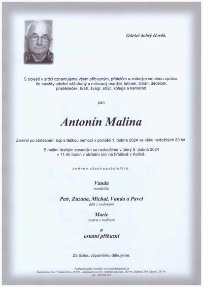 Smuteční oznámení – Antonín Malina