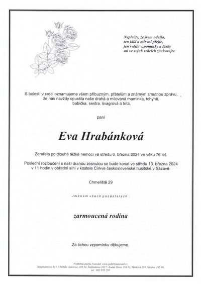 Smuteční oznámení – Eva Hrabánková