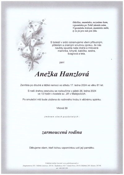 Smuteční oznámení – Anežka Hanzlová