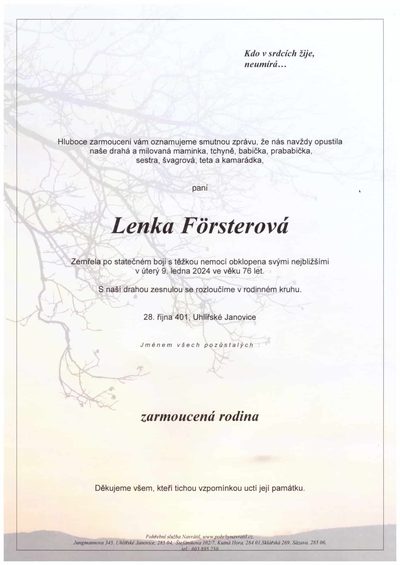 Smuteční oznámení – Lenka Fórsterová