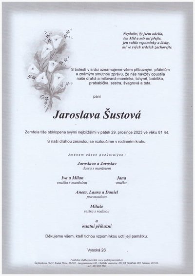 Smuteční oznámení – Jaroslava Sustová