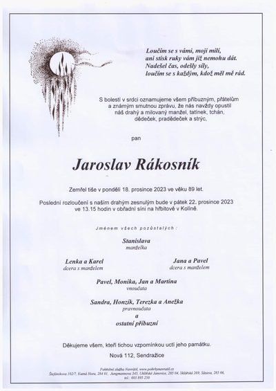 Smuteční oznámení – Jaroslav Rákosník