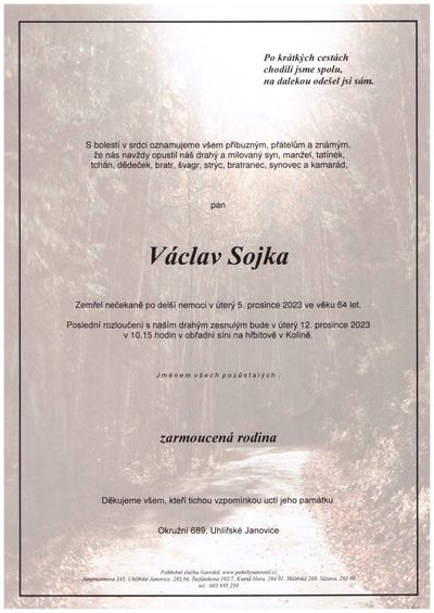 Smuteční oznámení – Václav Sojka