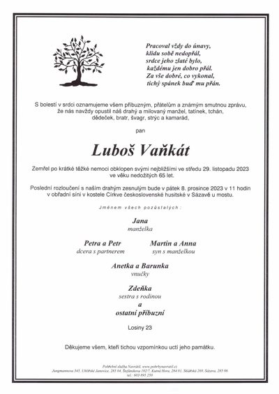 Smuteční oznámení – Luboš Vaňkát