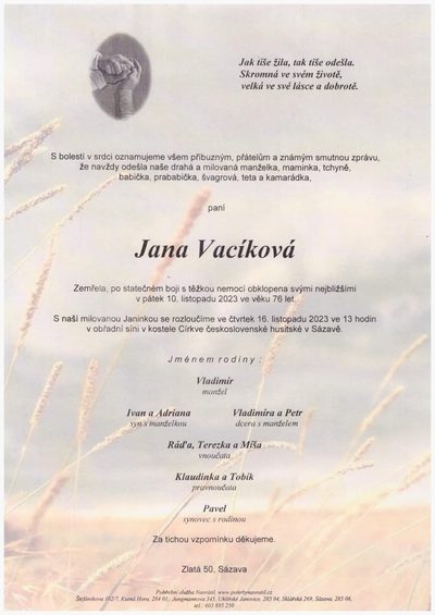 Smuteční oznámení – Jana Vacíková