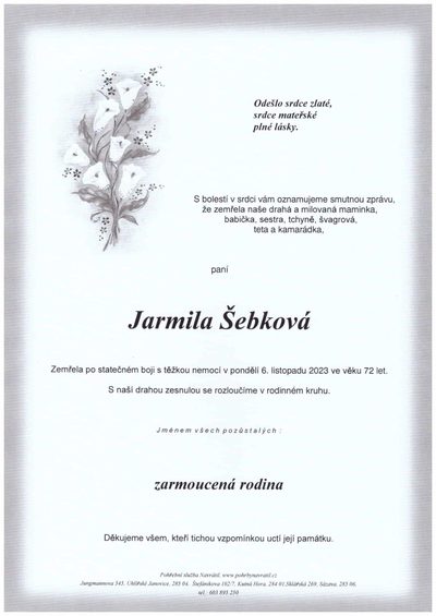 Smuteční oznámení – Jarmila Šebková