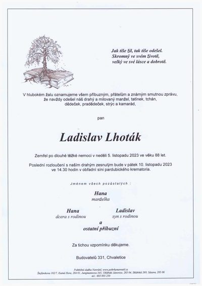 Smuteční oznámení – Ladislav Lhoták