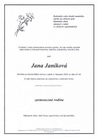 Smuteční oznámení – Jana Janíková