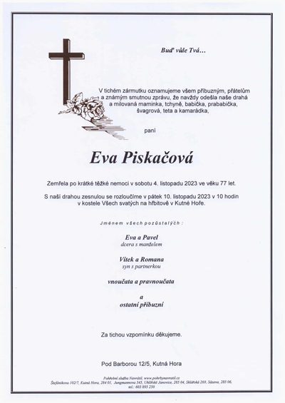Smuteční oznámení – Eva Piskačová