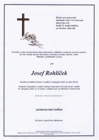 Smuteční oznámení – Josef Rohlíček