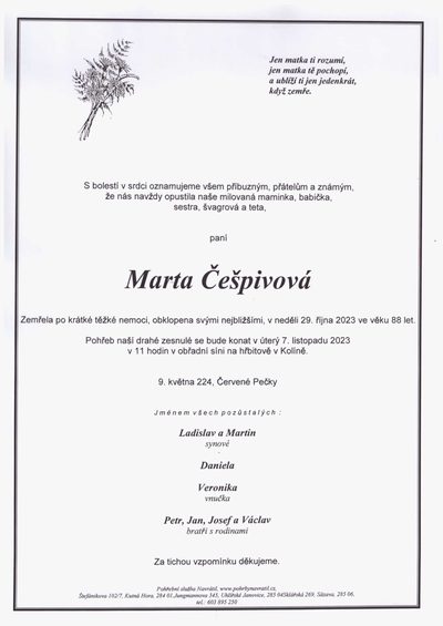 Smuteční oznámení – Marta Cešpivová