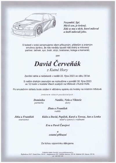 Smuteční oznámení – David Cerveňák