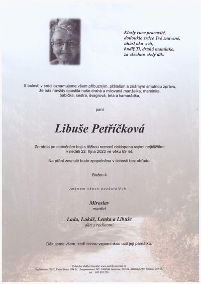 Smuteční oznámení – Libuše Petříčková