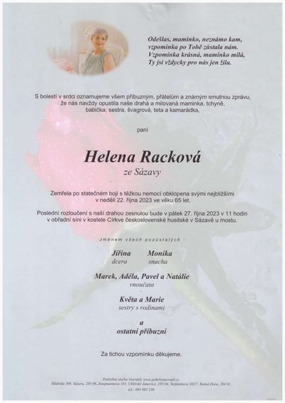 Smuteční oznámení – Helena Racková