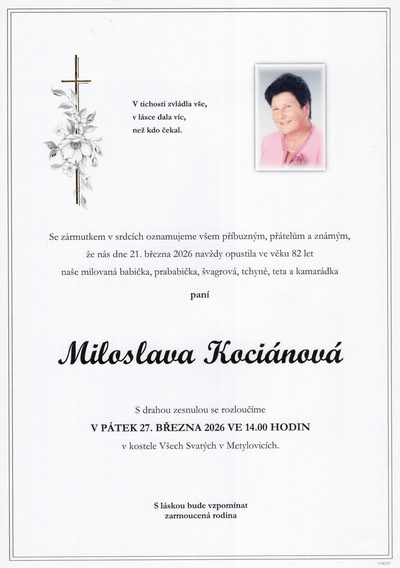 Smuteční oznámení – Miloslava Kociánová