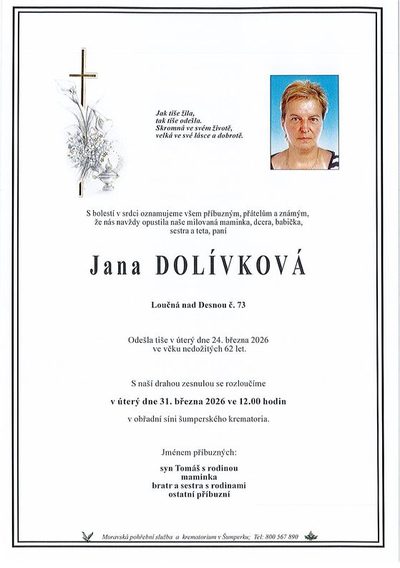Smuteční oznámení – Jana Dolívková