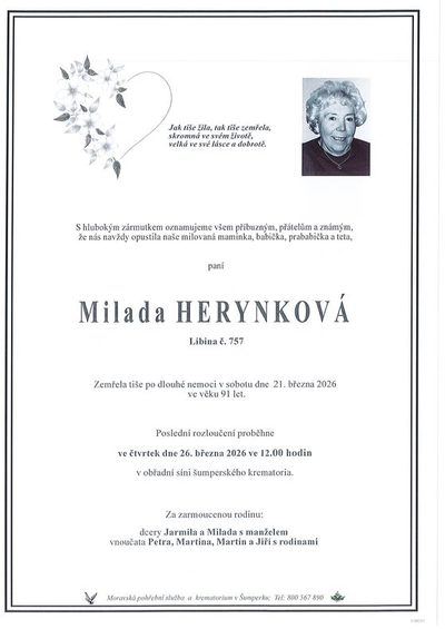 Smuteční oznámení – Milada Herynková