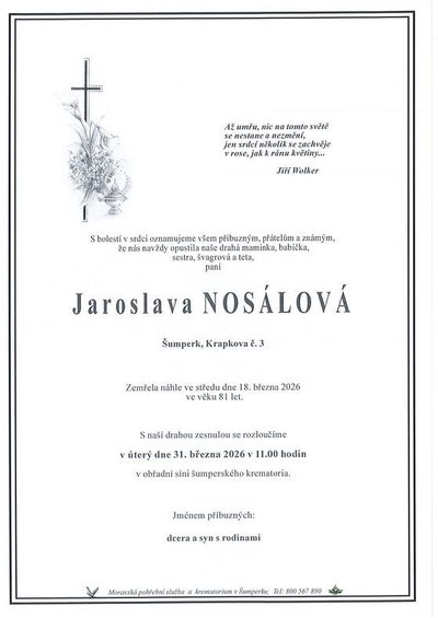 Smuteční oznámení – Jaroslava Nosálová