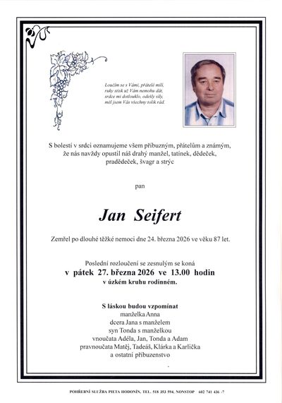 Smuteční oznámení – Jan Seifert