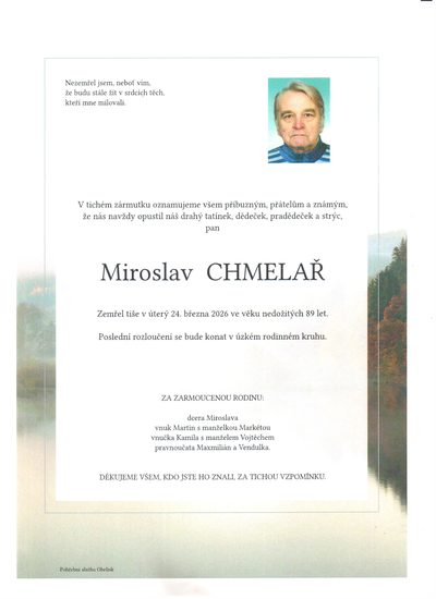 Smuteční oznámení – Miroslav Chmelař