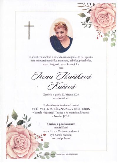 Smuteční oznámení – Irena Tkačíková Kačová