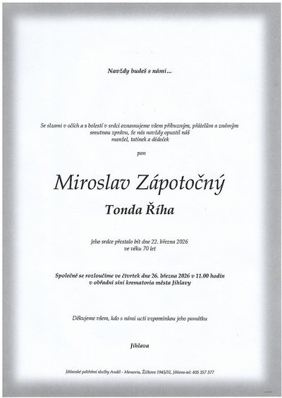 Smuteční oznámení – Miroslav Zápotočný