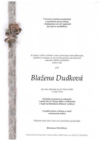 Smuteční oznámení – Blažena Dudková