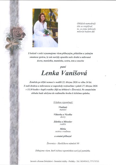 Smuteční oznámení – Lenka Vanišová