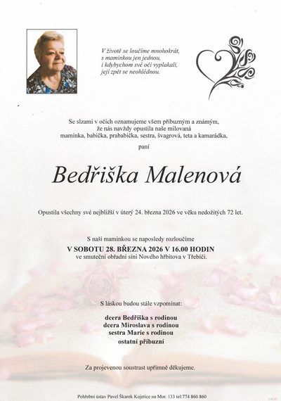 Smuteční oznámení – Bedřiška Malenová