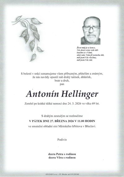Smuteční oznámení – Antonín Hellinger