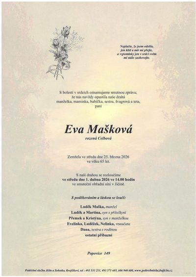 Smuteční oznámení – Eva Mašková