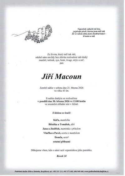 Smuteční oznámení – Jiří Macoun