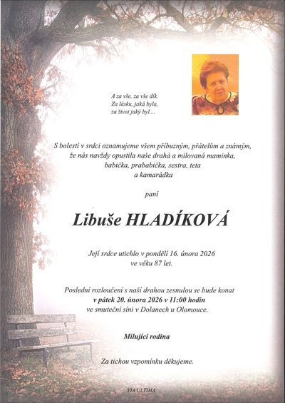 Smuteční oznámení – Libuše Hladíková