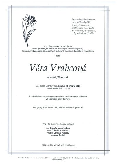 Smuteční oznámení – Véra Vrabcová
