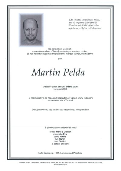Smuteční oznámení – Martin Pelda