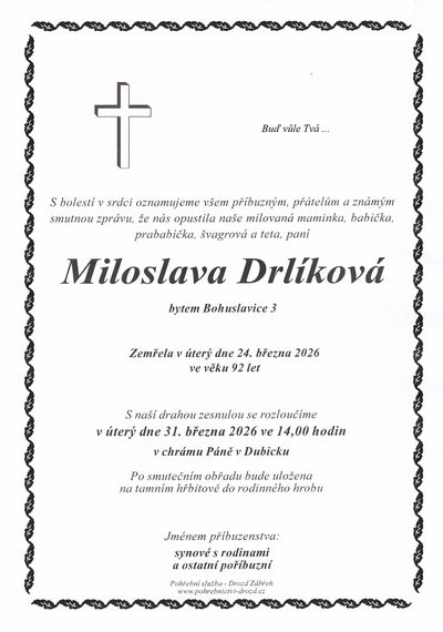 Smuteční oznámení – Miloslava Drlikováa