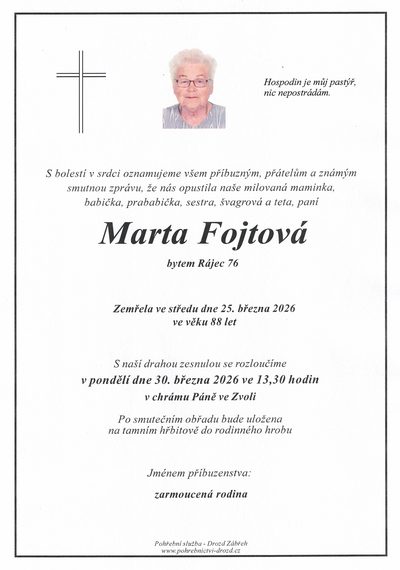 Smuteční oznámení – Marta Fojtová