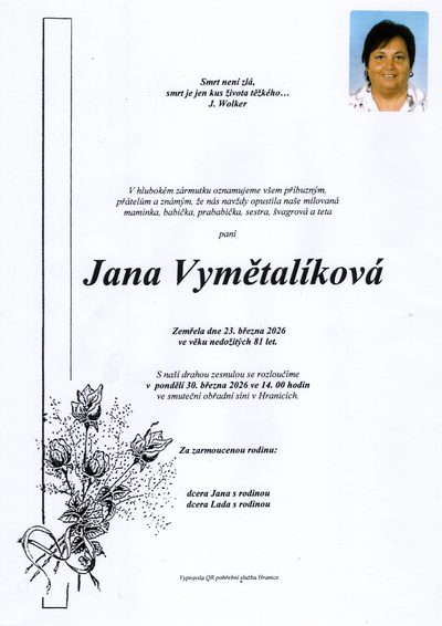 Smuteční oznámení – Jana Vymětalíková