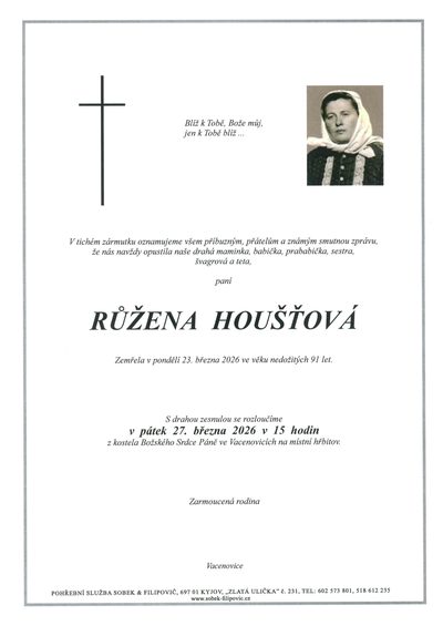 Smuteční oznámení – Zemřela Houšťová