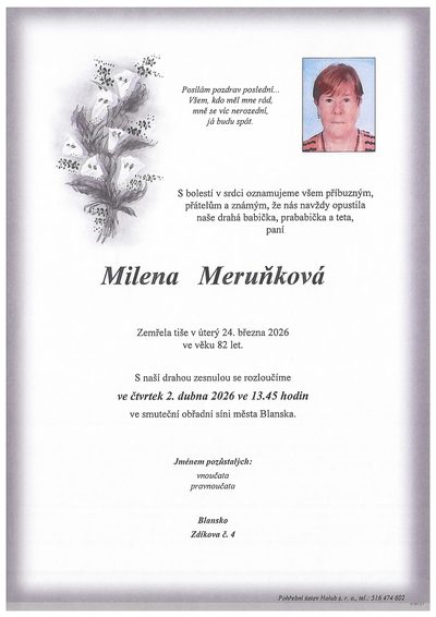 Smuteční oznámení – Milena Meruňková