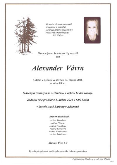 Smuteční oznámení – Alexander Vávra