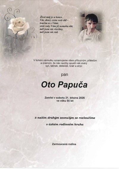 Smuteční oznámení – Oto Papuča