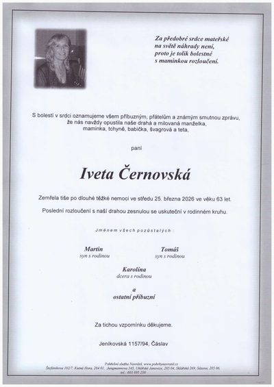 Smuteční oznámení – Iveta Cernovská