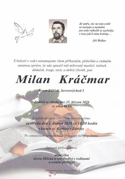 Smuteční oznámení – Milan Kráčmar