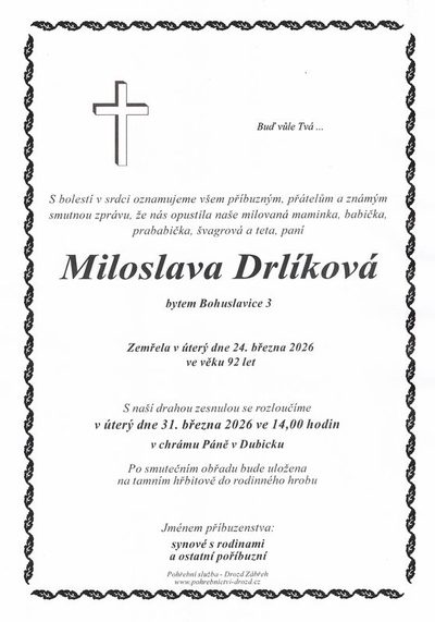 Smuteční oznámení – Miloslava Drlíková