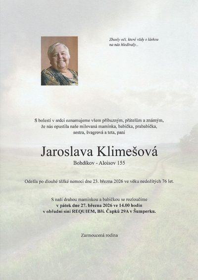 Smuteční oznámení – Jaroslava Klimešová