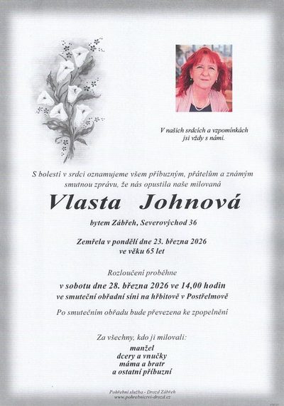 Smuteční oznámení – Vlasta Johnová