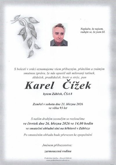Smuteční oznámení – Karel Čížek